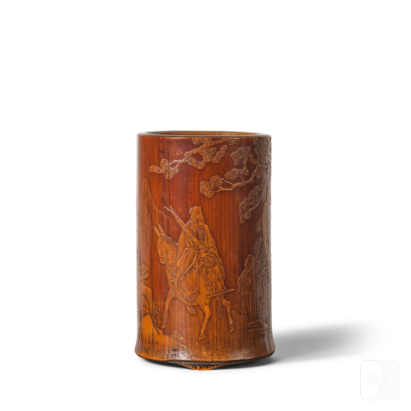 清康熙 竹雕松下高士圖筆筒 「沈兼」款 | POT À PINCEAUX EN BAMBOU SCULPTÉ - 图5